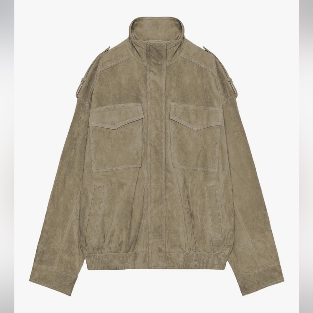 Oversized Suede Utility Jacket in Olive Taupe - NWT